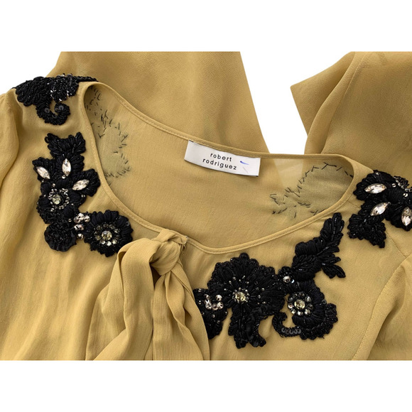 Robert Rodriguez Blouse Embellished Beaded Chiffon Tie Neck Top Size Small - Picture 3 of 6